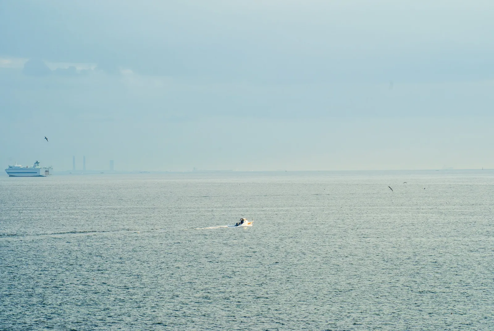 A jet ski crossing a hazy bay, a ferry on the horizon