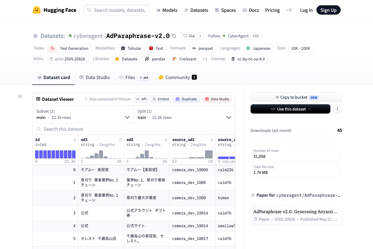 AdParaphrase v2.0 dataset viewer with Japanese ad-text pairs